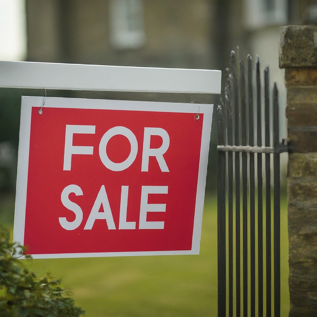 'For Sale' sign outside a residential property, representing real estate and property transactions.