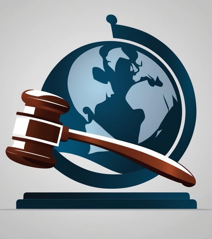 "Illustration of a gavel next to a globe, symbolizing legal services with an international or global perspective