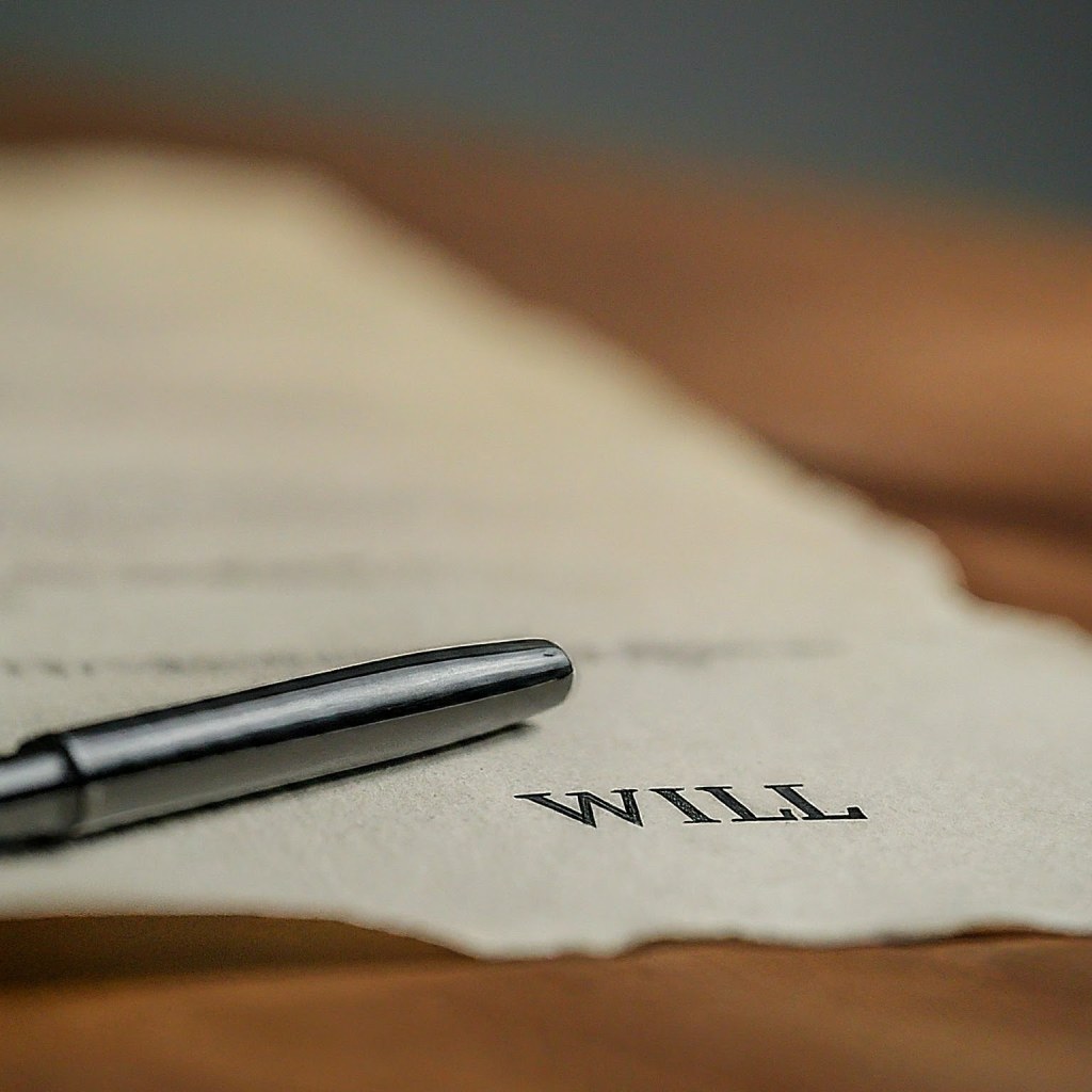 Close-up of a legal will document with a silver pen, representing estate planning and legal documentation.